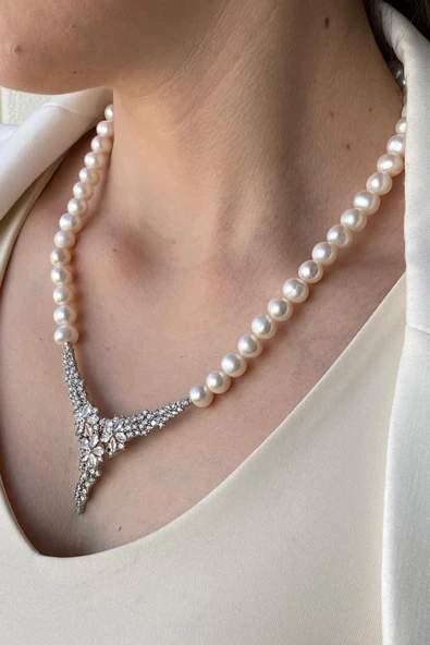 7,5 mm Zirkon Taşlı Doğal İnci Kolye - Resim 3