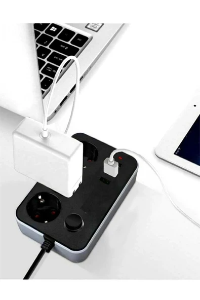 Airstorr Termal Akım Korumalı Çoçuk Korumalı 3'lü Priz 3 Usb'li 2m Anahtarlı Akıllı Uzatma Kablosu - 4