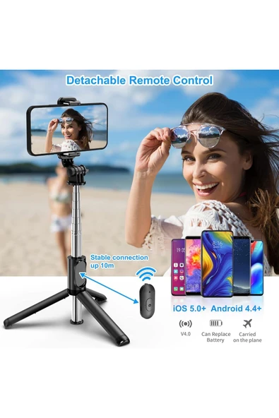 MEGAMUS Selfie Çubuğu Tripod, Kablosuz Uzaktan Kumandalı Genişletilebilir 100cm Selfie Çubuğu - 3