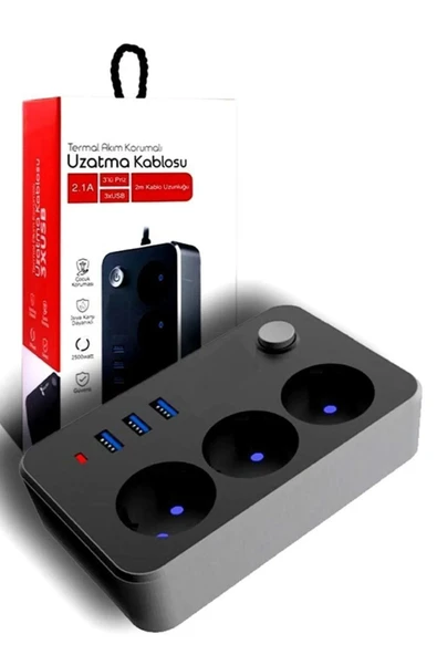 Airstorr Termal Akım Korumalı Çoçuk Korumalı 3'lü Priz 3 Usb'li 2m Anahtarlı Akıllı Uzatma Kablosu - 1