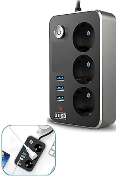 Airstorr Termal Akım Korumalı Çoçuk Korumalı 3'lü Priz 3 Usb'li 2m Anahtarlı Akıllı Uzatma Kablosu - 3