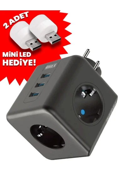 Airstorr Termal Akım Korumalı 3'lü Duvar Tipi Priz 3 Usb'li Küp Priz + 2 Adet Mini Led Lamba