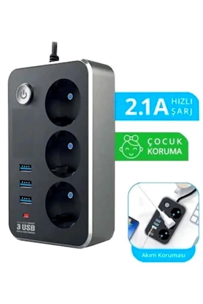 Airstorr Termal Akım Korumalı Çoçuk Korumalı 3'lü Priz 3 Usb'li 2m Anahtarlı Akıllı Uzatma Kablosu - 2