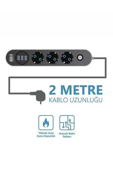 MEGAMUS Akım Korumalı 3’lü Grup Priz 1 Mini led Uzatma Kablosu 3X Usb 3X Anahtar 2M Kablo 2500w - 4
