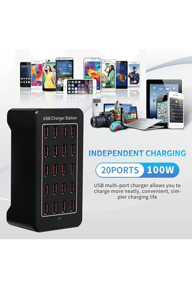 Airstorr 20 portlu masaüstü USB şarj istasyonu 100W çok fonksiyonlu  USB duvar şarj cihazı - 3