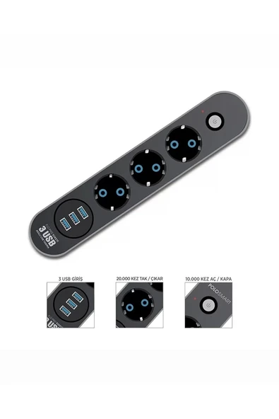 Airstorr Akım Korumalı 3’lü Grup Priz 1 Mini led Uzatma Kablosu 3X Usb 3X Anahtar 2M Kablo 2500w - 3