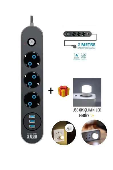 MEGAMUS Akım Korumalı 3’lü Grup Priz 1 Mini led Uzatma Kablosu 3X Usb 3X Anahtar 2M Kablo 2500w