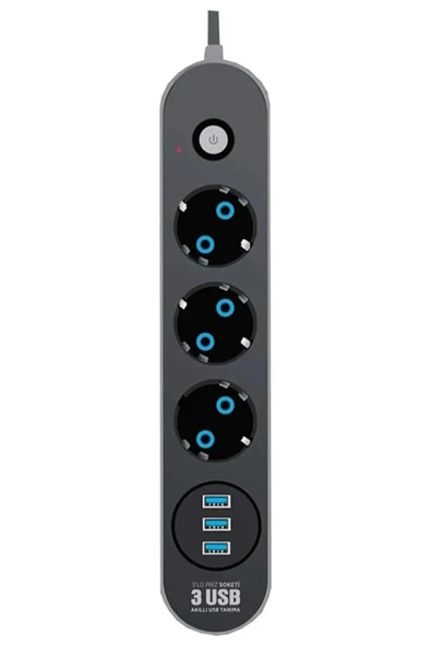 Airstorr Akım Korumalı 3’lü Grup Priz 1 Mini led Uzatma Kablosu 3X Usb 3X Anahtar 2M Kablo 2500w - 2