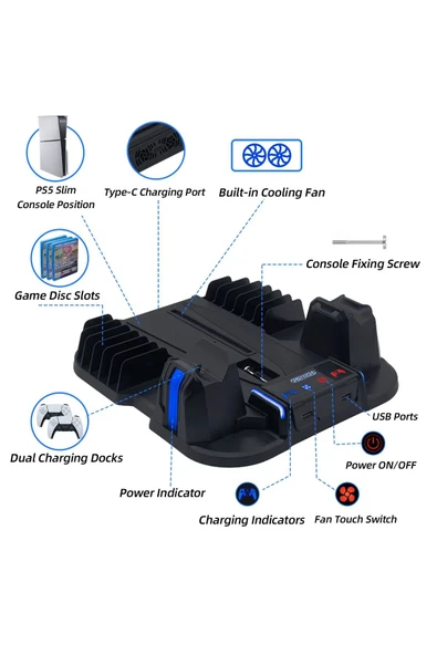 Airstorr Çok İşlevli GP-521 Şarj İstasyonu ve Disk Rafı PS5 Slim Disk/Dijital Sürüm Siyah Stand - 2