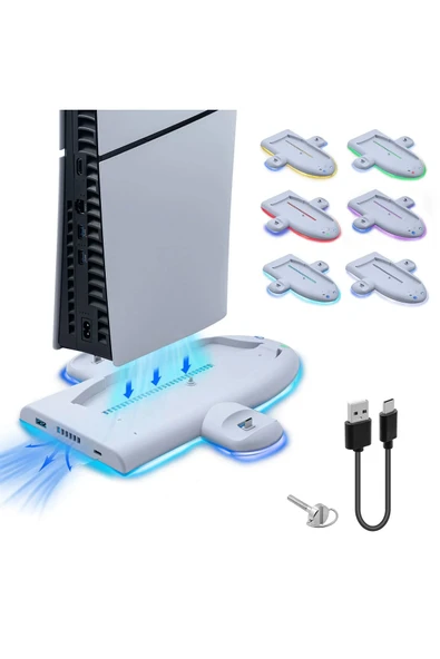Airstorr Tp5-3528 Beyaz Soğutma Ve Şarj İstasyonu Ps5 Slim Konsol İçin RGB Renkli Atmosfer Işık Halkası