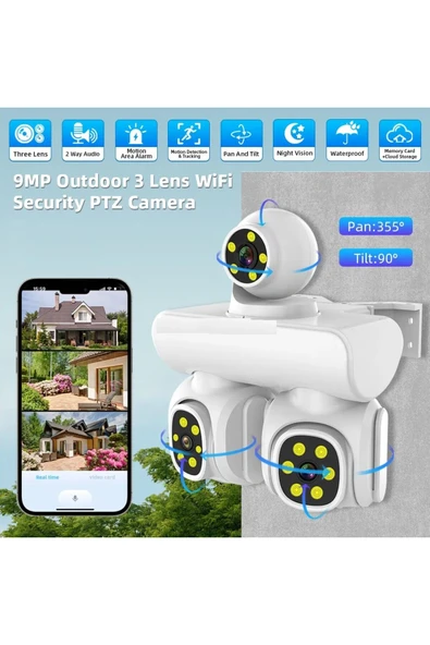 Airstorr Full HD 4G/WiFi Video gözetim kamera açık 6K 360' 3PTZ k 3ekran  3lensler WiFi güvenlik kamerası ürün görseli