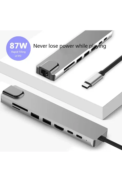 MEGAMUS 4K çok fonksiyonlu adaptör 8v1 USB RJ45 HD Ethernet adaptörü USB 3.0 kart okuyucu PD/SD/TF