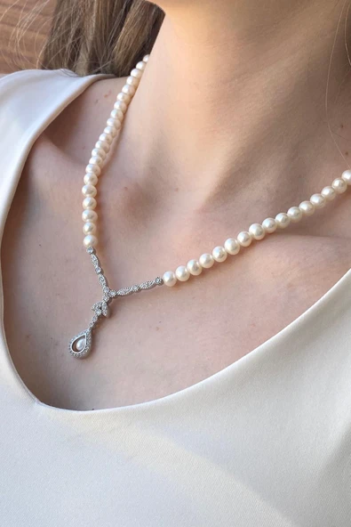 7,5 mm Damla Taşlı Doğal İncili Kolye - Resim 3