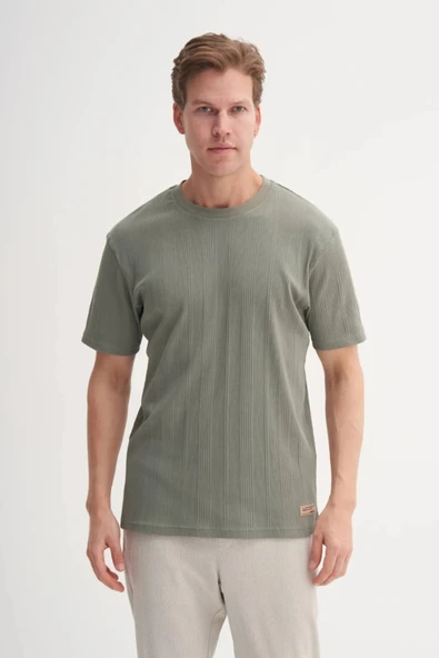 Cazador Bisiklet Yaka Slim Fit Likarlı Düz Tişört 4163 Haki - Resim 2