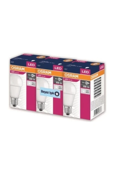 OSRAM LED LAMBA  8.5W BEYAZ IŞIK (E27 DUYLU) 3'Lü