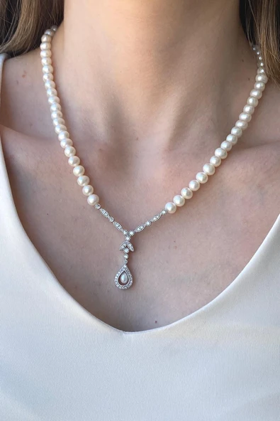 7,5 mm Damla Taşlı Doğal İncili Kolye - Resim 2