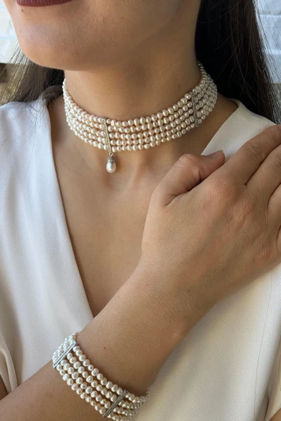 Zirkon Taşlı Doğal İnci 5 mm 5 Sıra Kolye - Resim 5