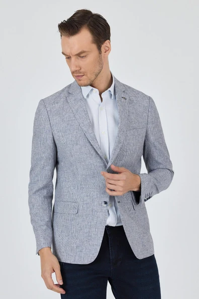 Kazayağı Desen Bez Ayağı Mono Yaka Yarım Astar Keten Karışımlı 6 Drop Slim Fit Ceket 1002250102