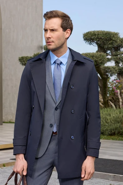 Koyu Lacivert Mono Yaka Düz Classic Slim Fit Pardesü 1006250105 - 5