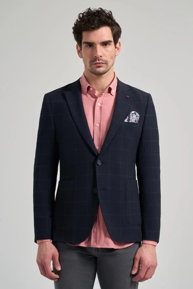 Siyah Kareli Mono Yaka Likralı 6 Drop Ekstra Slim Fit Casual Ceket 1002240156