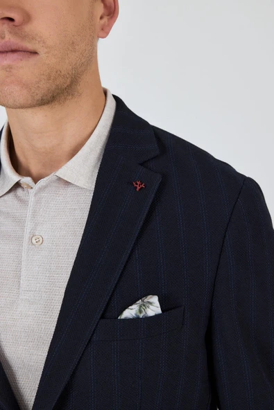 Koyu Lacivert Mono Yaka Gofreli  Esnek 6 Drop Slim Fit Casual  Ceket 1002250126 - Resim 4