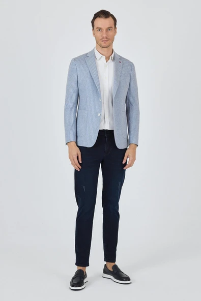 İndigo Mavi Çizgili Desen Örme Kılıç Yaka Pamuklu 6 Drop Slim Fit Casual Ceket 1002250111_320 - Resim 2