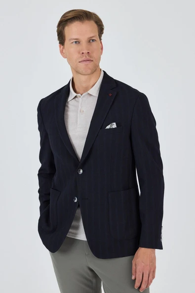 Koyu Lacivert Mono Yaka Gofreli  Esnek 6 Drop Slim Fit Casual  Ceket 1002250126 - Resim 3