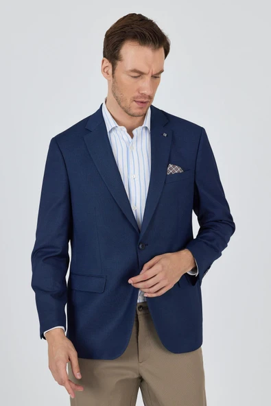 Lacivert Mono Yaka Armürlü Tam Astar Esnek 4 Drop Comfort Fit Classic Ceket 1002250152 - Resim 3