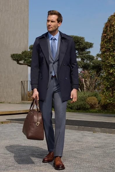 Koyu Lacivert Mono Yaka Düz Classic Slim Fit Pardesü 1006250105 - 3