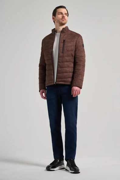 Koyu Kahverengi Dik Yaka Yan Cep Dolum Şişme Standart Fit Esnek Casual Deri Mont 1038245167 - 2