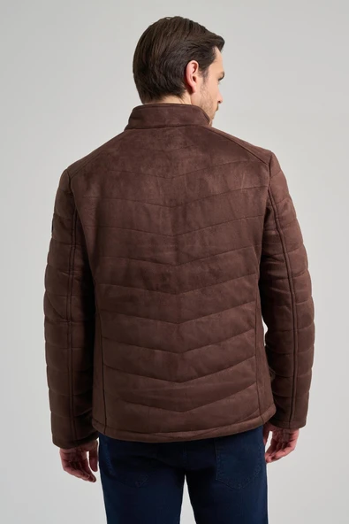 Koyu Kahverengi Dik Yaka Yan Cep Dolum Şişme Standart Fit Esnek Casual Deri Mont 1038245167 - 4