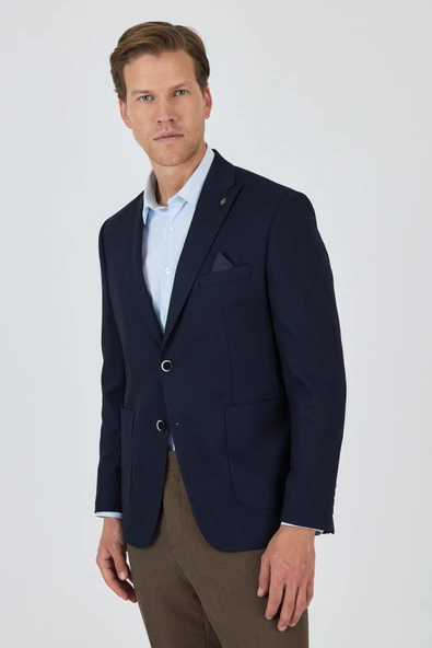 Lacivert Kılıç Yaka   Esnek 6 Drop Slim Fit Classic  Ceket 1002250124