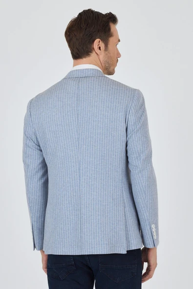İndigo Mavi Çizgili Desen Örme Kılıç Yaka Pamuklu 6 Drop Slim Fit Casual Ceket 1002250111_320 - Resim 5