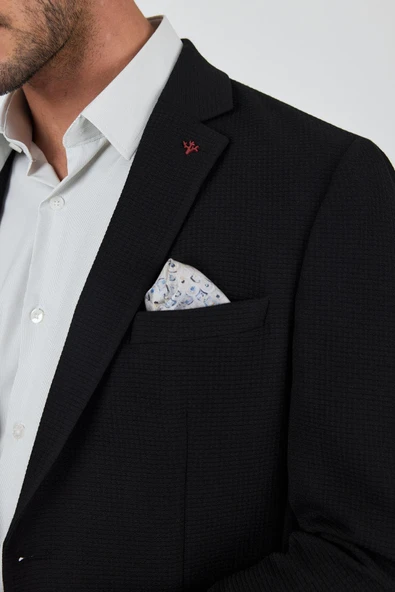 Siyah Mono Yaka Gofreli  Esnek 6 Drop Slim Fit Casual  Ceket 1002250125 - Resim 4