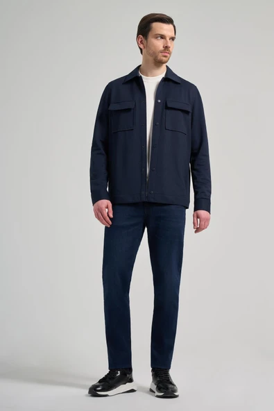 Koyu Lacivert Armürlü Bebe Yaka Kendinden Pamuklu Garnisiz-Biyesiz Standart Fit Mont 1007245163 - Resim 2