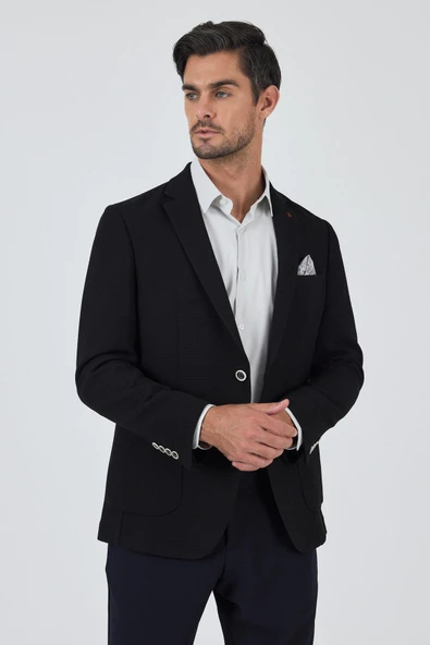 Siyah Mono Yaka Gofreli  Esnek 6 Drop Slim Fit Casual  Ceket 1002250125 - Resim 3
