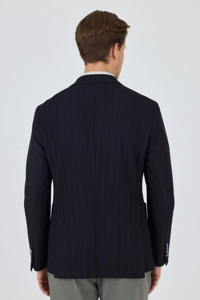 Koyu Lacivert Mono Yaka Gofreli  Esnek 6 Drop Slim Fit Casual  Ceket 1002250126 - Resim 5