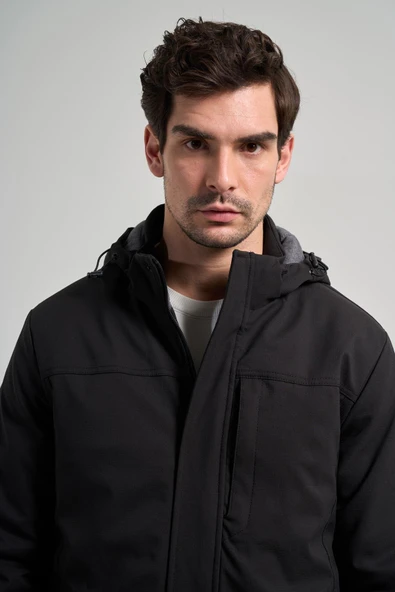 Siyah Bez Ayağı Dik Yaka Düz Tam Astar Standart Fit Casual Mont 1007245164_001 - Resim 4