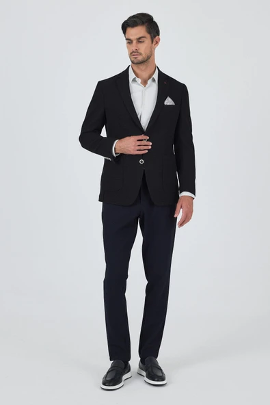 Siyah Mono Yaka Gofreli  Esnek 6 Drop Slim Fit Casual  Ceket 1002250125 - Resim 2