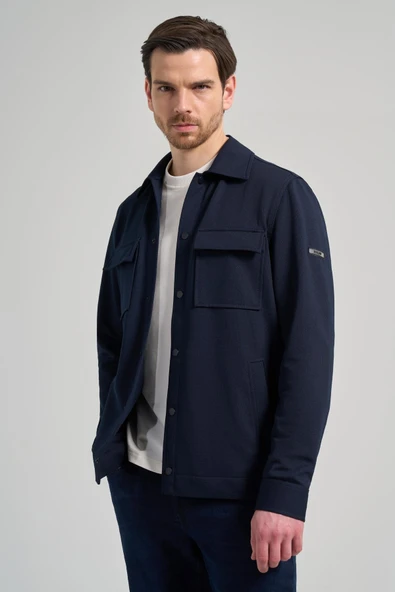 Koyu Lacivert Armürlü Bebe Yaka Kendinden Pamuklu Garnisiz-Biyesiz Standart Fit Mont 1007245163 - Resim 3