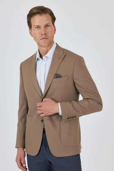 Koyu Bej Kılıç Yaka   Esnek 6 Drop Slim Fit Classic  Ceket 1002250124 - 3