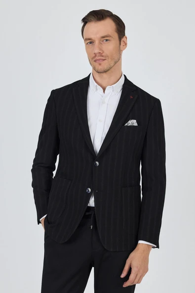 Siyah Mono Yaka Gofreli  Esnek 6 Drop Slim Fit Casual  Ceket 1002250126