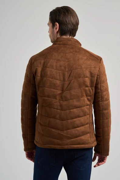 Kahverengi Dik Yaka Yan Cep Dolum Şişme Standart Fit Esnek Casual Deri Mont 1038245167 - Resim 5