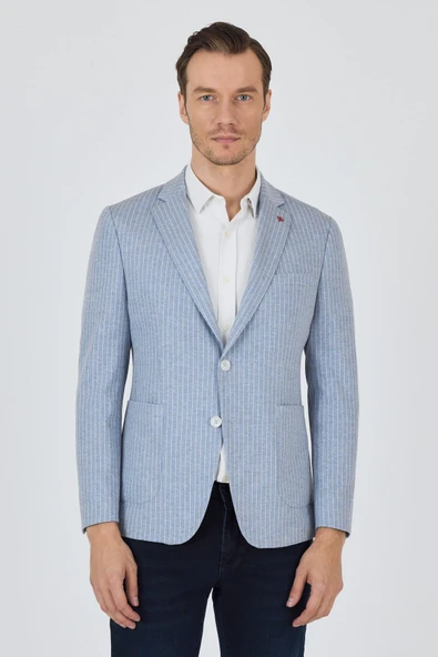 İndigo Mavi Çizgili Desen Örme Kılıç Yaka Pamuklu 6 Drop Slim Fit Casual Ceket 1002250111_320