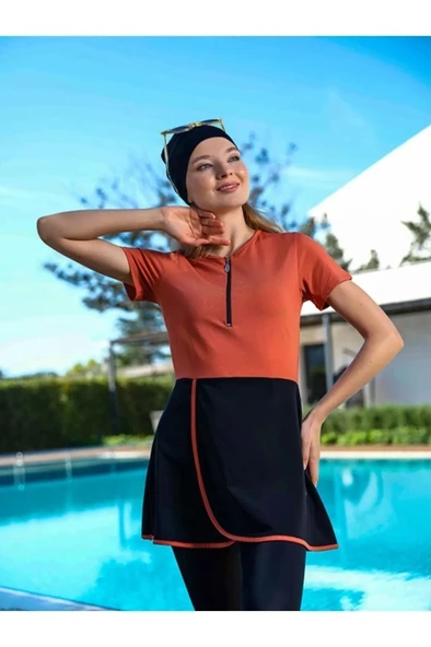 Tesmay 2493 Siyah -Turuncu Kısa Kol Havuz Mayosu - Resim 2