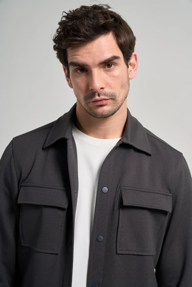 Koyu Antrasit Armürlü Bebe Yaka Kendinden Pamuklu Garnisiz-Biyesiz Standart Fit Mont 1007245163 - Resim 4