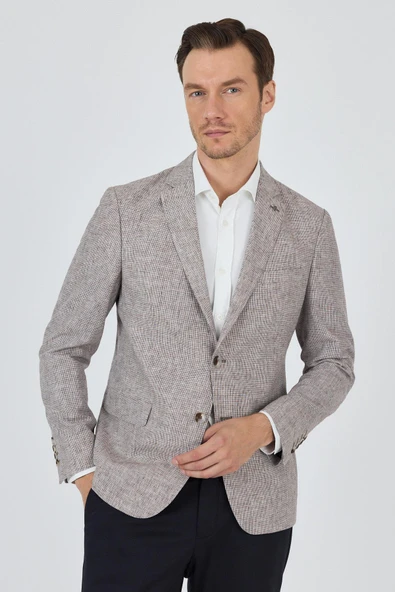 Kazayağı Desen Bez Ayağı Mono Yaka Yarım Astar Keten Karışımlı 6 Drop Slim Fit Ceket 1002250102
