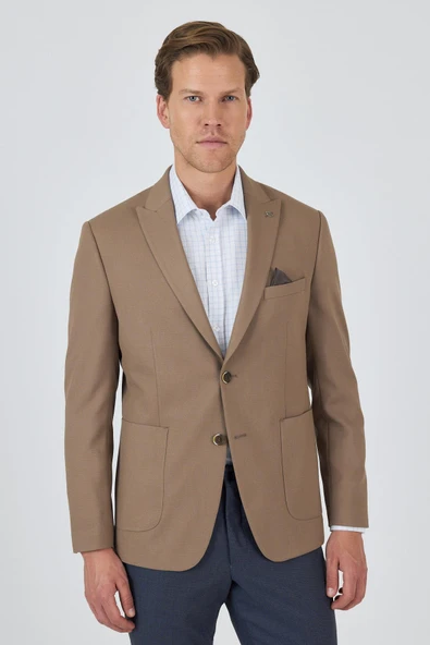 Koyu Bej Kılıç Yaka   Esnek 6 Drop Slim Fit Classic  Ceket 1002250124