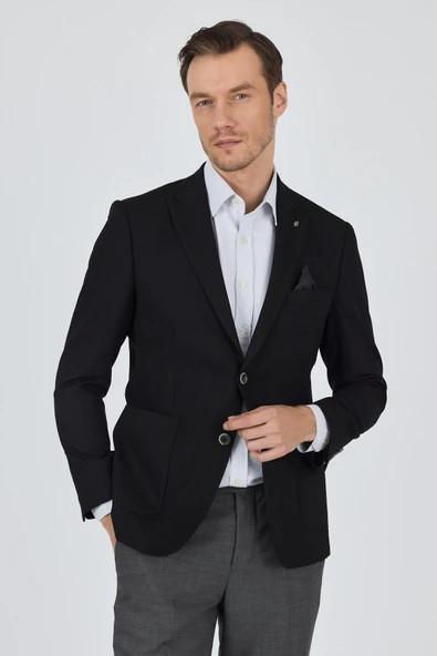 Siyah Kılıç Yaka   Esnek 6 Drop Slim Fit Classic  Ceket 1002250124 - Resim 3