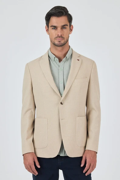 Açık Bej Mono Yaka Düz 2 Düğme Casual Esnek Slim Fit Ceket 1002250123